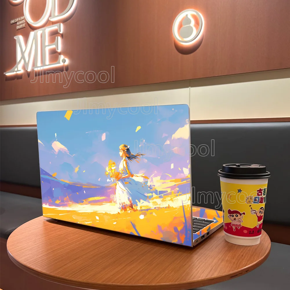 2Pieces Golden Rice Fields Girl Vinyl Laptop Sticker Self-adhesive Case for HP Lenovo Apple ASUS Easy To Install Waterproof