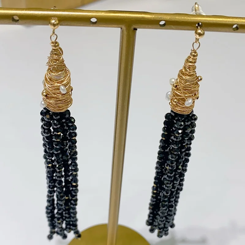 

SGARIT Natural Pearl Ear Studs Black Spinel Tassel Earring 14k Filled Gold Retro Eardrop for Women Gift SE79