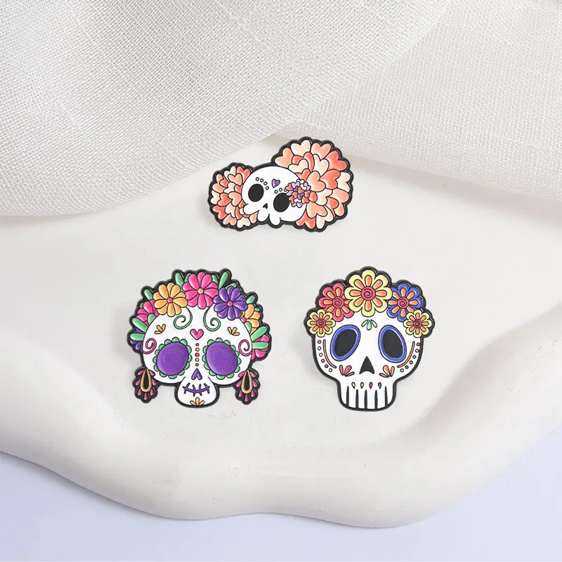 Day of the Dead Cartoon Flower Sugar Skull Enamel Pins Cute Metal Brooches Fashion Lapel Badge Backpack Clothes Jewelry Gift