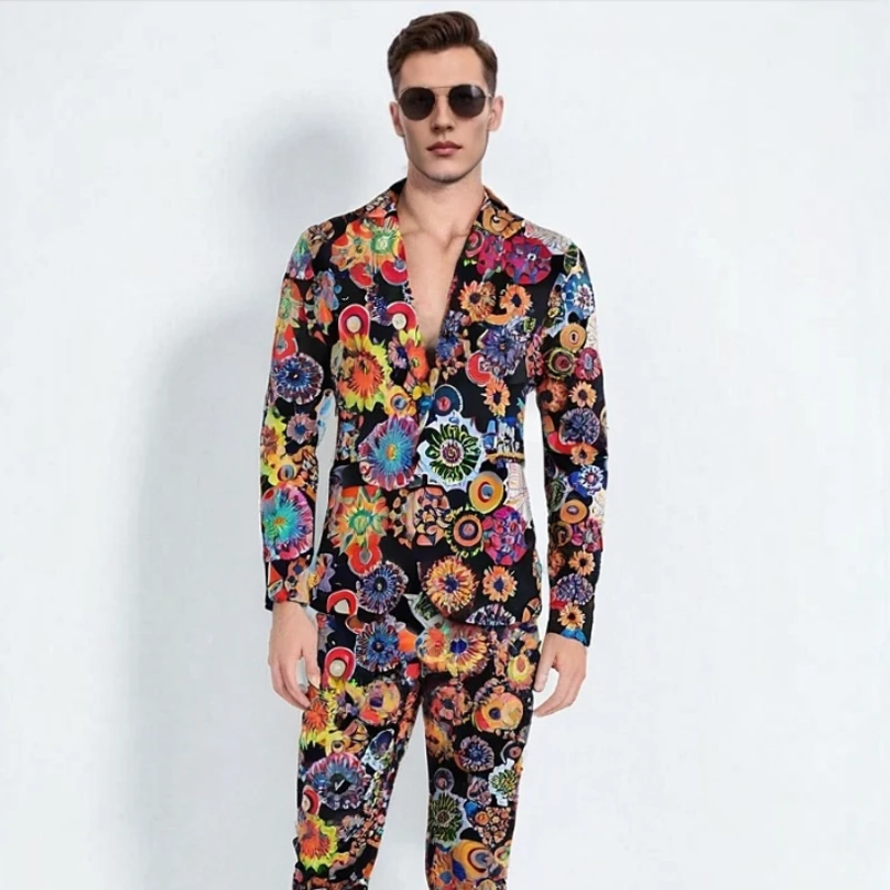 

Luxury 2 Piece Men's Suit Floral Printed Slim Fit Single Button Mens Blazer Jacket + Pants Party Prom Costume Suits Set Man 4XL