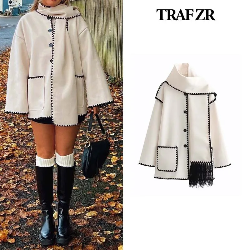 TRAF ZR Woolen Coat Elegant and Pretty Women\'s Coats Women\'s Autumn Coat Scarf Collar Wool & Blends Vintage Long Urban Coats