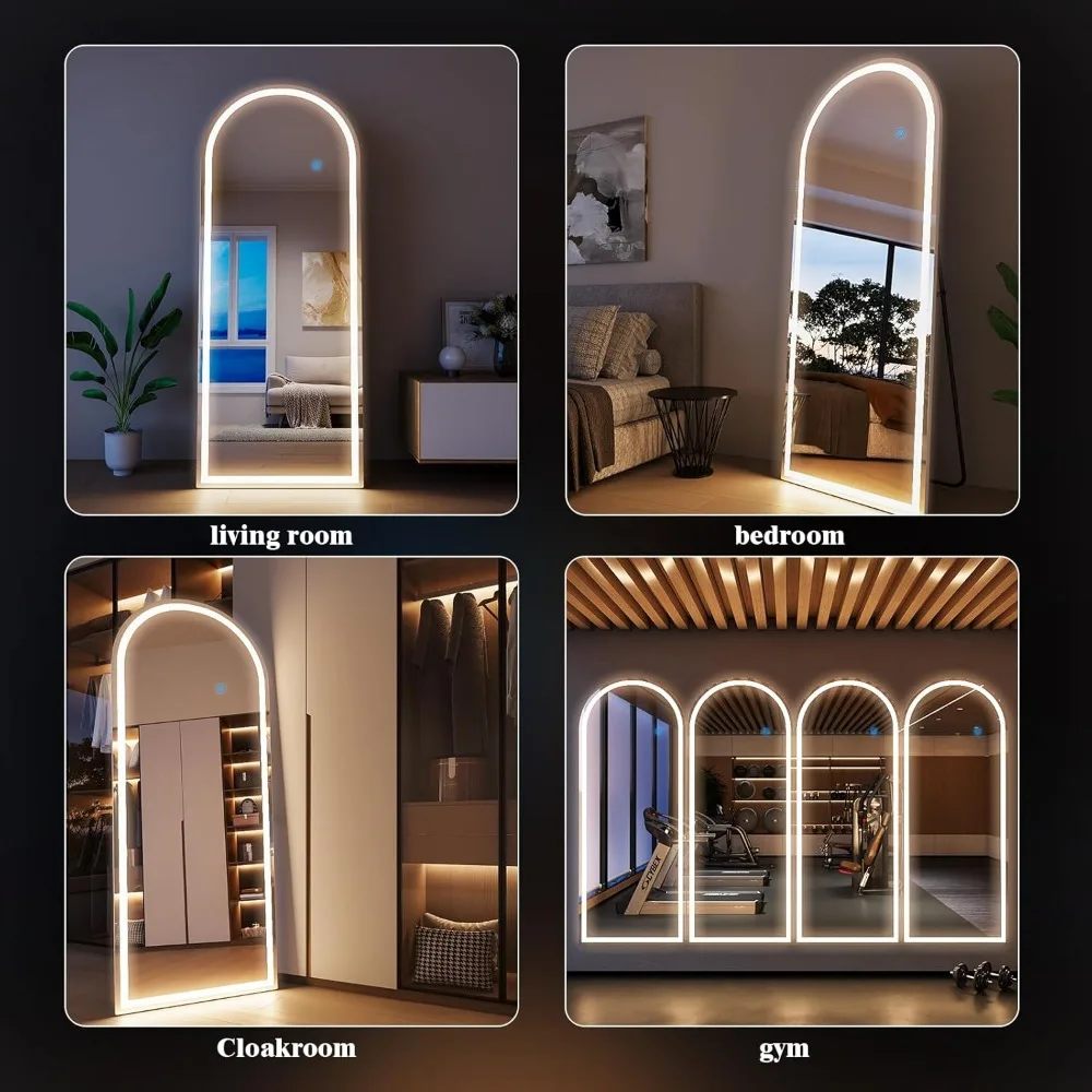 Espelho de chão de comprimento total com luzes reguláveis, 3 modos de cores, design arqueado, em pé, espelho corporal 63x20