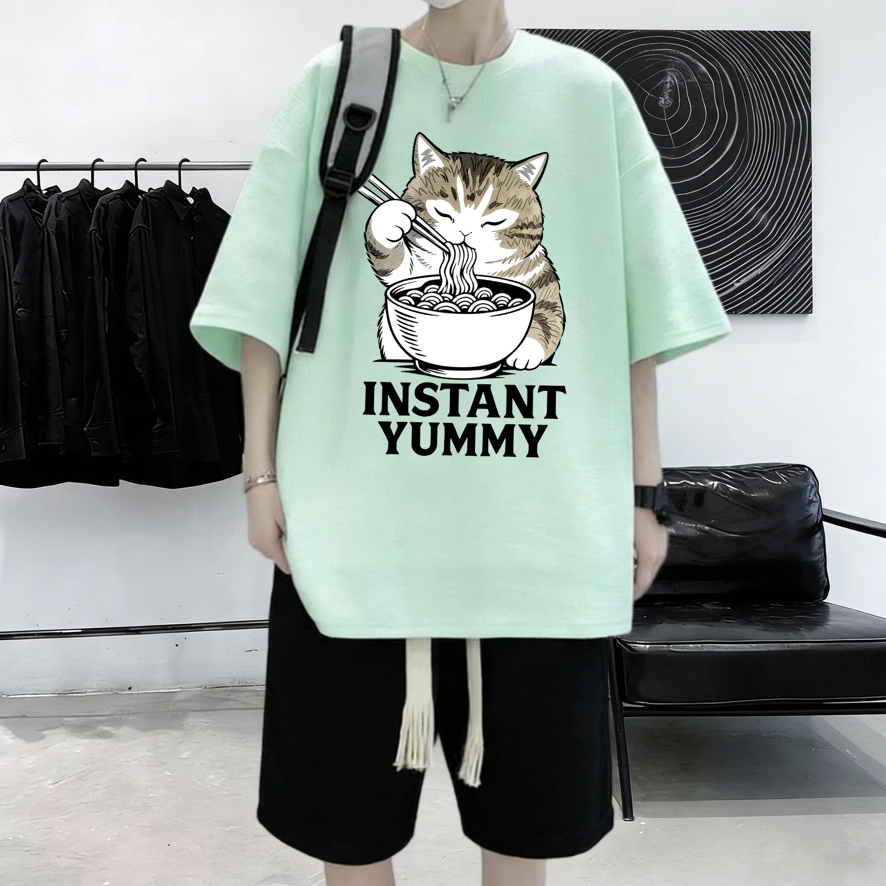 Kittens Eat Delicious Noodles Printed Male Summer Cotton Thin Clothing Youth Beach Cool T Shirt Hip Hop Street Short Sleeve