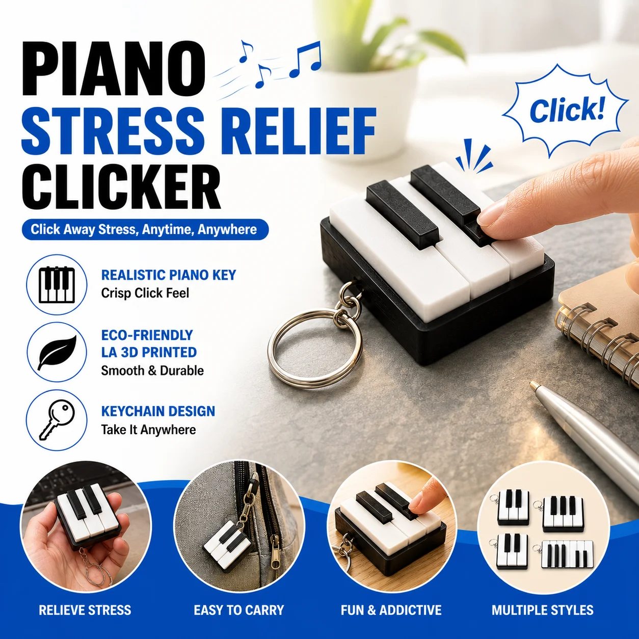 3D Printing Fidget Toys - Mini Piano Keyboard Fidget Clicker Keychain