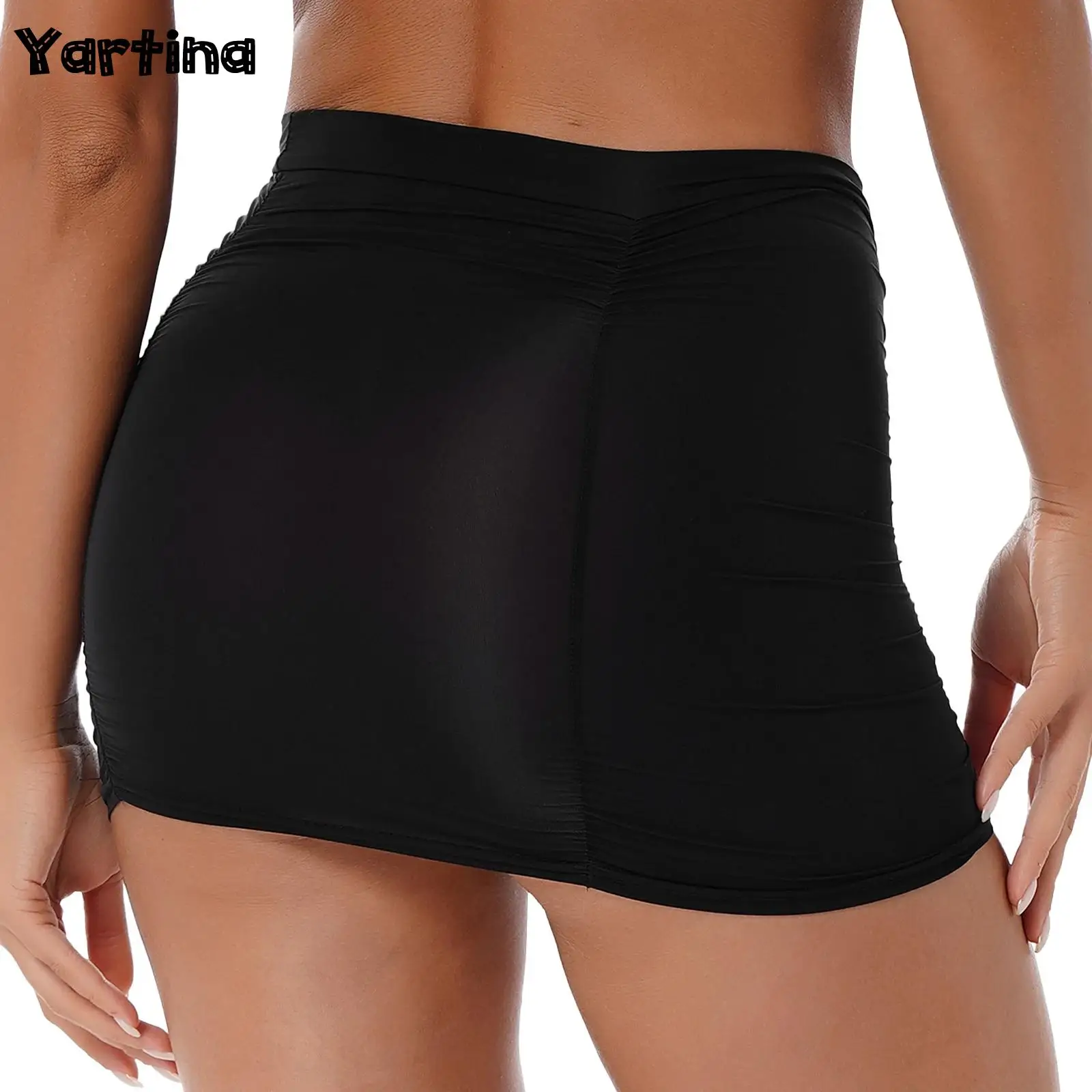 

Womens Ladies Summer Elastic Waistband Ruched Mini Skirt Mid Waist Stretchy Shirring Bodycon Miniskirt Party Nightclub Costume