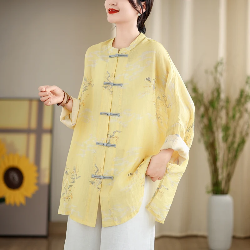 

Artistic Cotton Linen Printed Large Size New Chinese Sle Button up Cardigan Sun Protection Outerwear Coat Women's irt