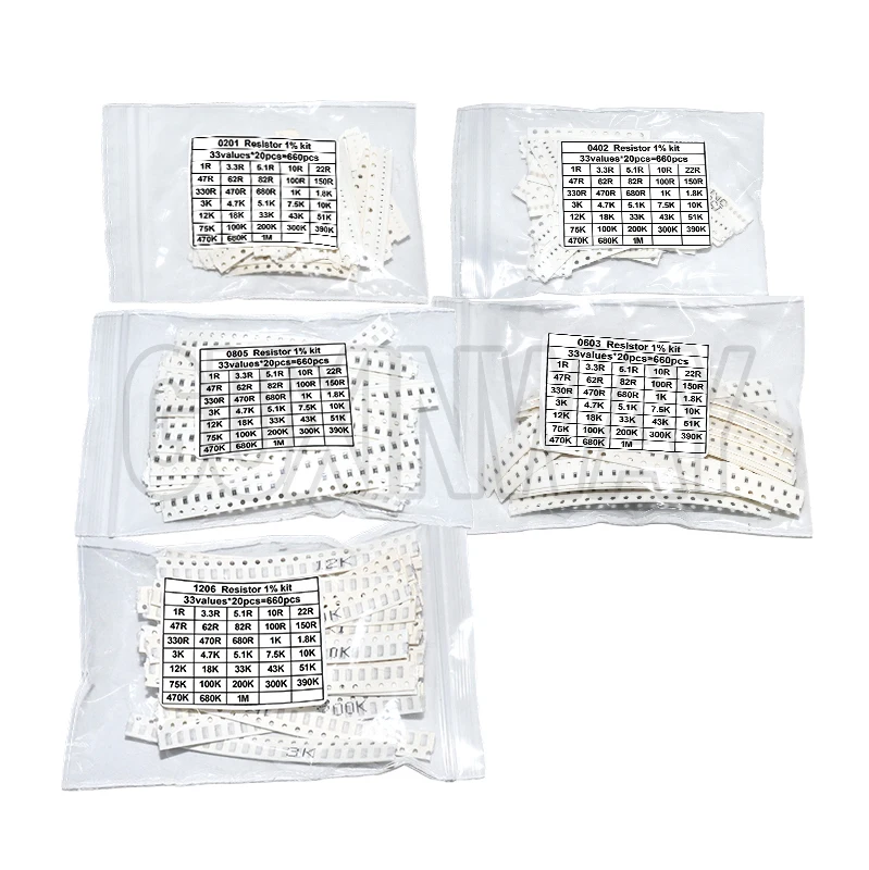 660 قطعة 0603 0805 1206 0402 0201 1% SMD رقاقة المقاوم مجموعة متنوعة 1R - 1M أوم 33valuesX20pcs المقاومة عينة مجموعة