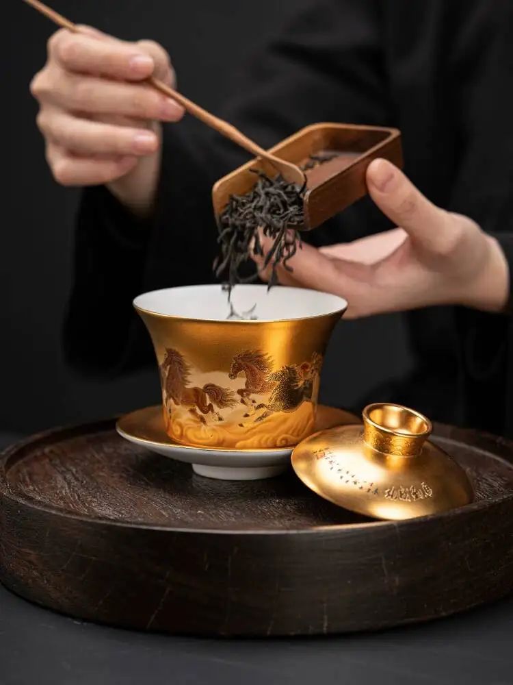 Instant Success Gilded Three-Talent Covered Bowl Zodiac Horse 24K Pure Gold Jian Zhan Kung Fu Tea Set Handmade By Master Zhou