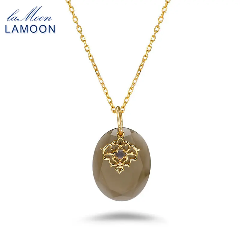 

LAMOON Natrual Smoky Quartz Necklace For Women Gemstone Cordierite Double Pendant 925 Sterling Silver Gold Plated Fine Jewelry