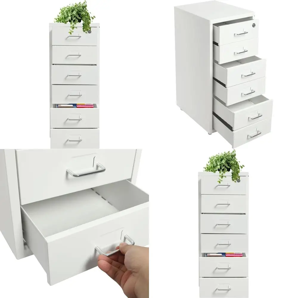 

6-Drawer Metal Vertical File Cabinet on Wheels, 16 Depth x 11 Width x 27 Height, White for Home and Office Storage