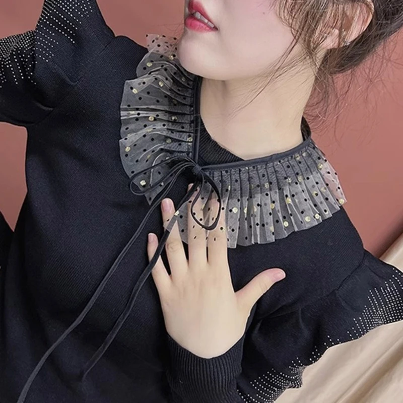 Detachable False Collar Neckline for Women Dots Sheer Organza Mesh Ruffled Shawl Scarf Wrap Ties Up Mini Capelet