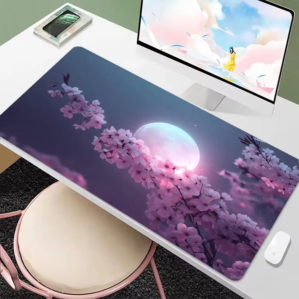 Moon Night Pink Peach Blossom Large Desk Mat Non Slip Rubber Cute Gaming Mouse Pad For Sweet Cozy Warm Girl Bedroom Zone