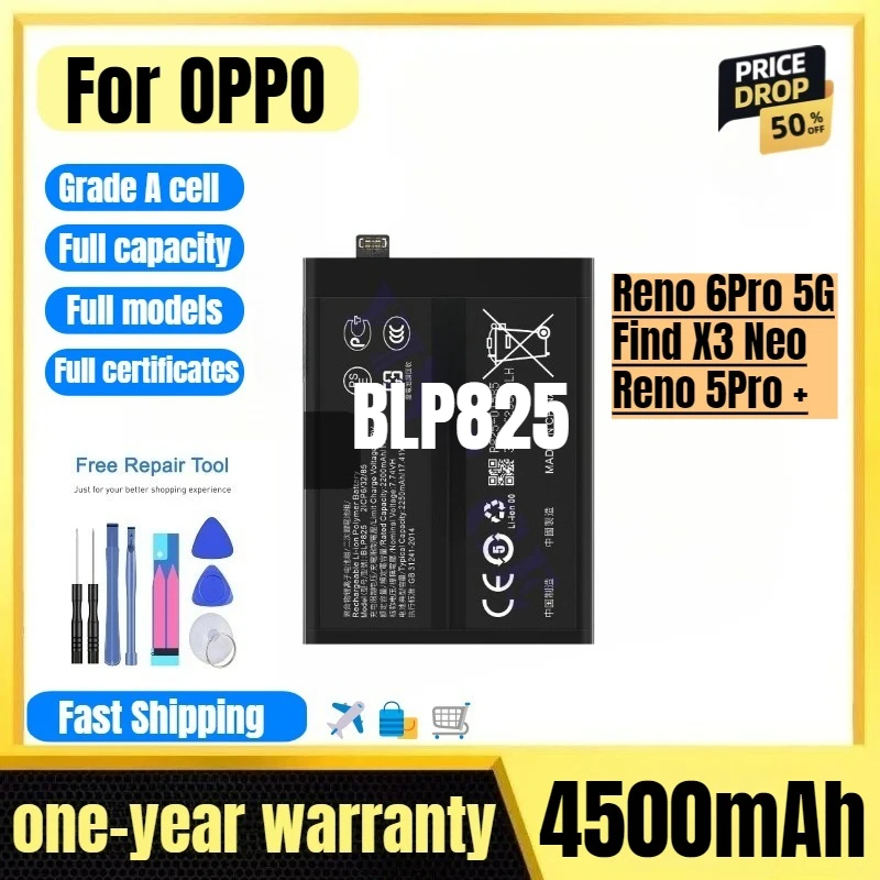 

BLP825 for OPPO Reno 6Pro 5G/Find X3 Neo/Reno 5Pro + Phone Battery High Quality High Capacity Replacement Bateria with Tools