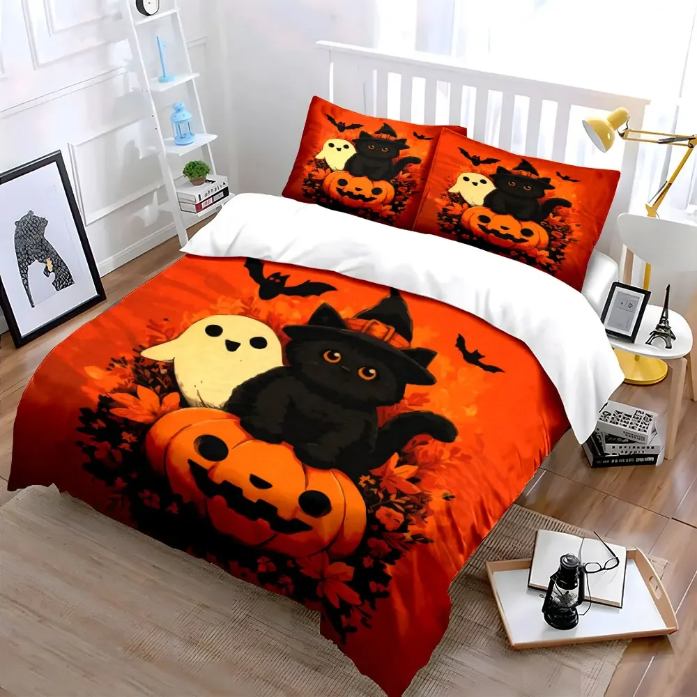 Halloween Decor Pumpkin Ghost Cat Soft Comfortable Duvet Cover Bedding Set Included 1*Duvet Cover & 2*Pillowcases, gift