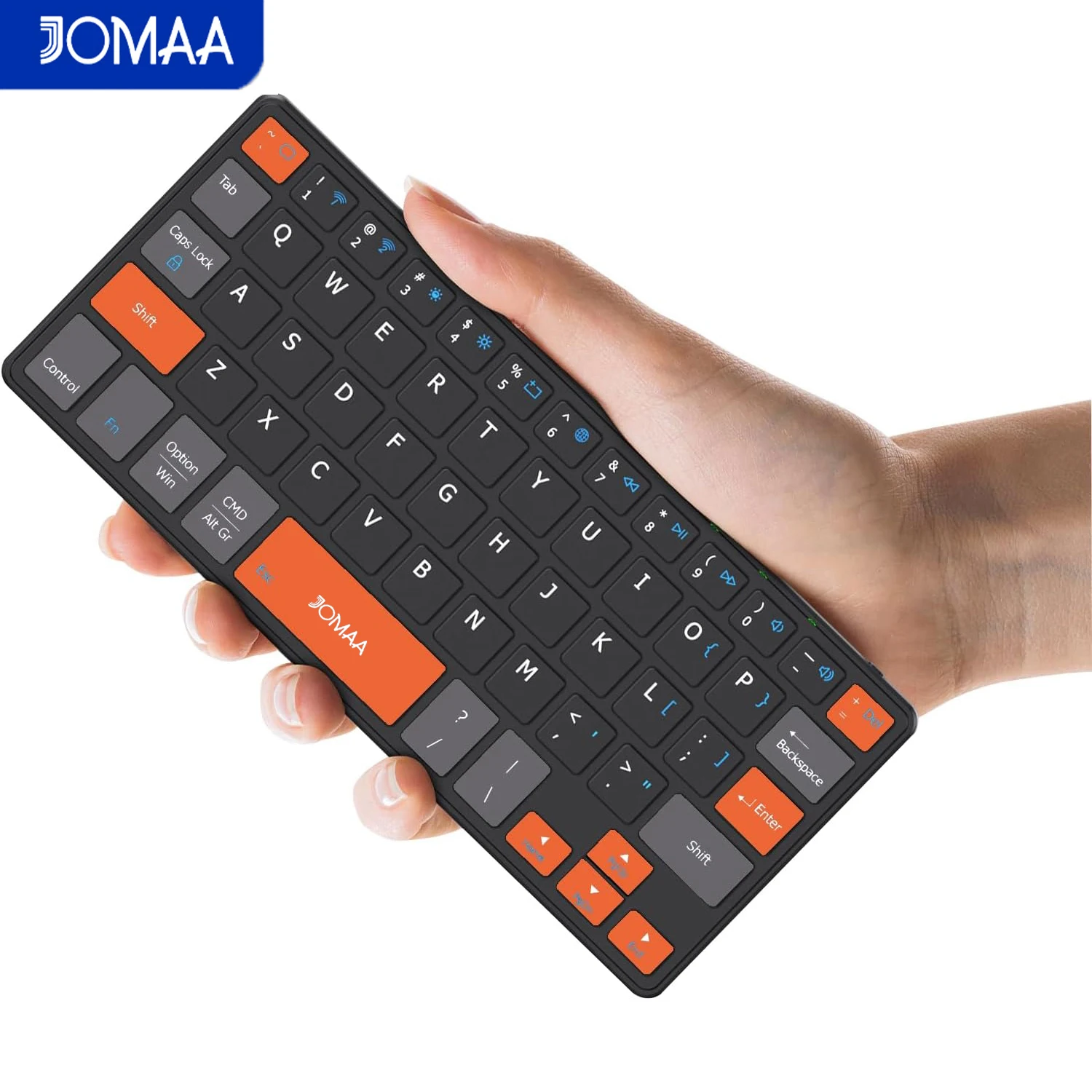 JOMAA Dual-Bluetooth Mini Wireless Keyboard Rechargeable Travel Office Keyboard Orange Navigation Keys for Tablet Phone