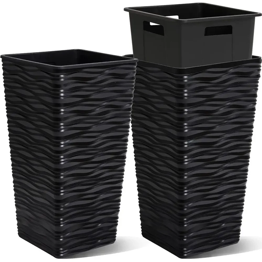 22 Tall Square Plastic Tapered Planters with Inner Pots, Suitable for Indoor or Outdoor, Black