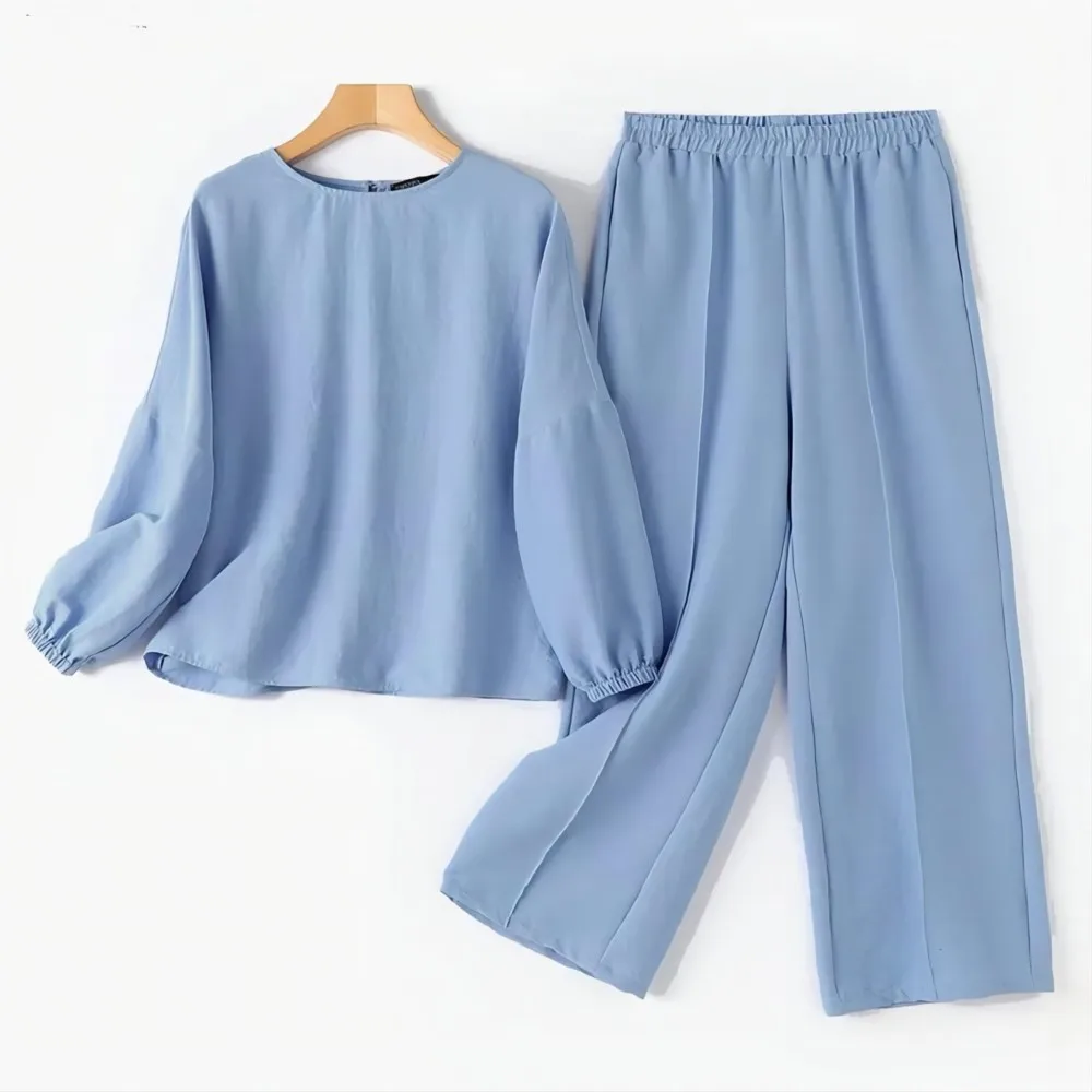 Spring Autumn Fashion Solid Color Women\'s Office Suit Lantern Sleeve Wide Leg Trousers Casual Simple Elegant 2piece Set Female