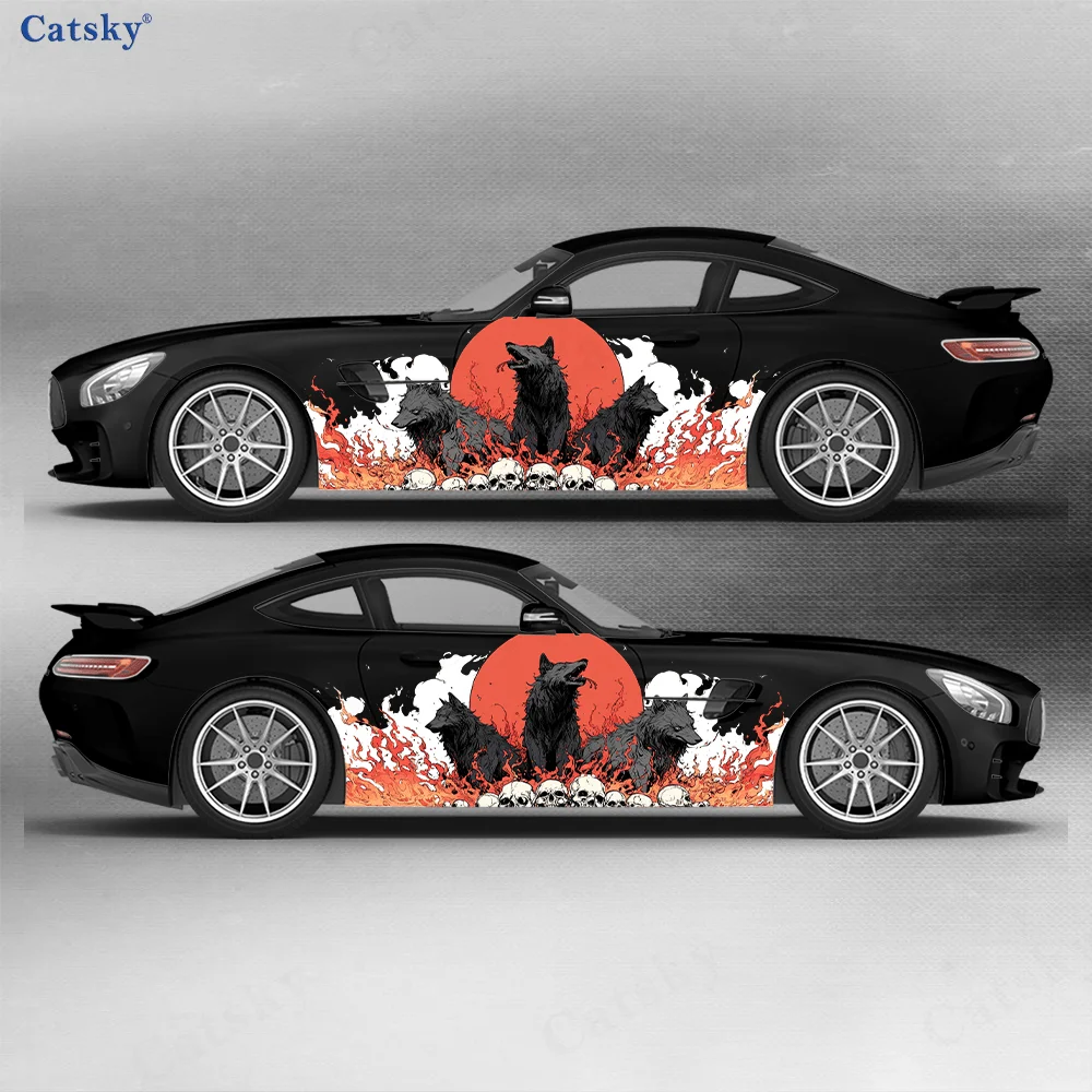 

Flame Skull Head with Wolves Car Side Sticker Decor,PVC Waterproof Scratch Resistant Decal,Car Protection,Auto Accessories Gift