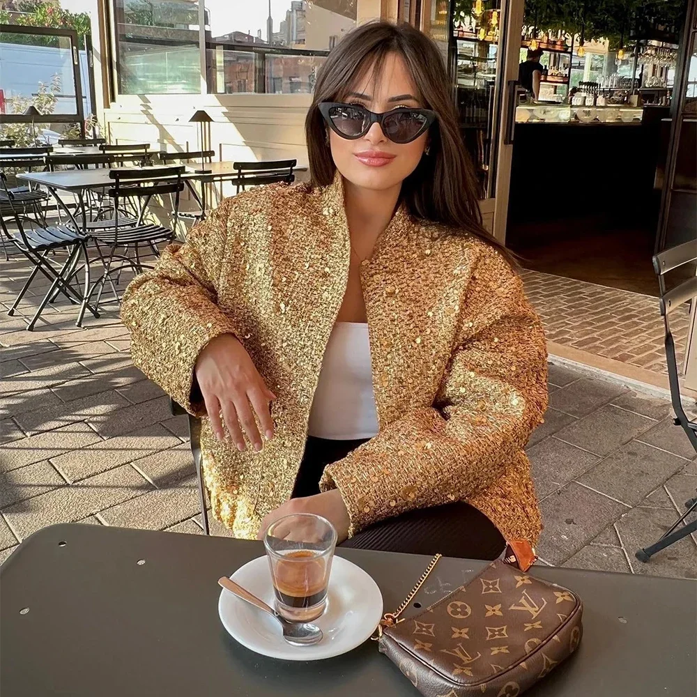 Women's Gold Sequin Pilot Jacket Round Collar Long Sleeve Pocket Stretch Jacket Street Fashion Casual Loose Workwear Jacket