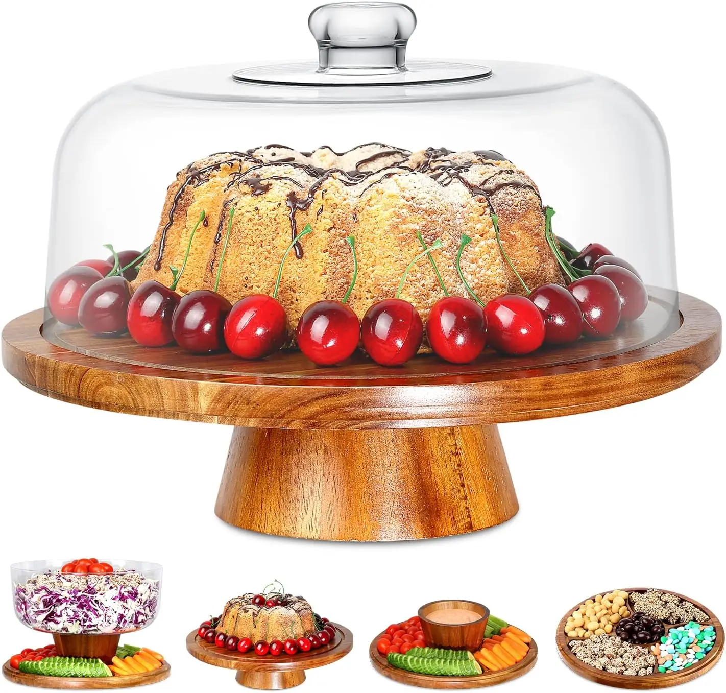 

Acacia Wood Cake Stand with Lid, 6-in-1 Multi-Functional Serving Platter, Large Display for Cakes and Desserts