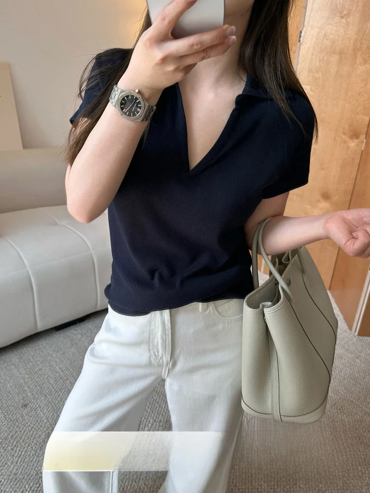 

Летний новый топ Rouqiu с V-образным вырезом, свободного кроя, однотонный, для повседневной носки, для женщин с небольшим размером, с милым принтом в виде шариков