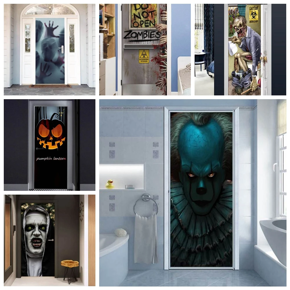 

Creative Halloween Door Sticker Home Decor Creepy Nun Zombies 3D Vinyl Decal Modern Festival Door Wallpaper adesivo porta