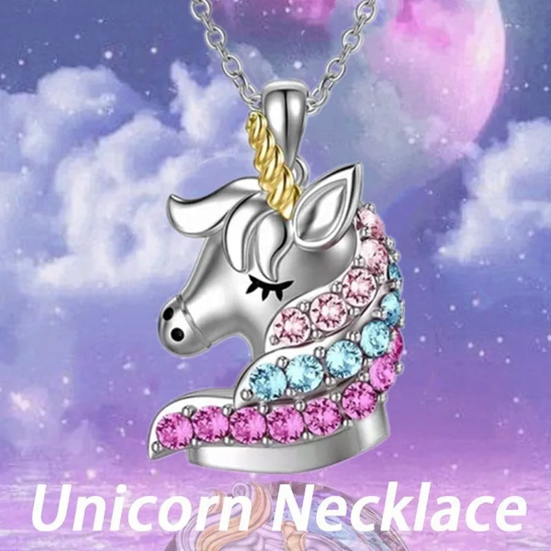 Fashion Unicorn Necklace Color Cartoon Crystal Unicorn Jewelry Pendant Necklace for Women Banquet Birthday Anniversary Gift