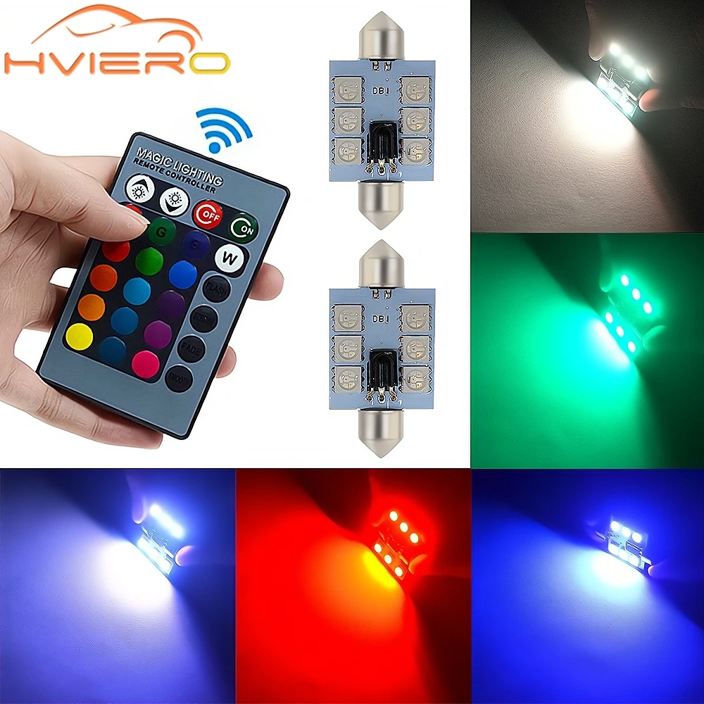 2Pcs Car Led Light C5W 5050 6SMD 12V 31-39mm Festoon Dome Door Multi Color Remotes Controller Reading Lamp Roof Trunk Wedge Bulb