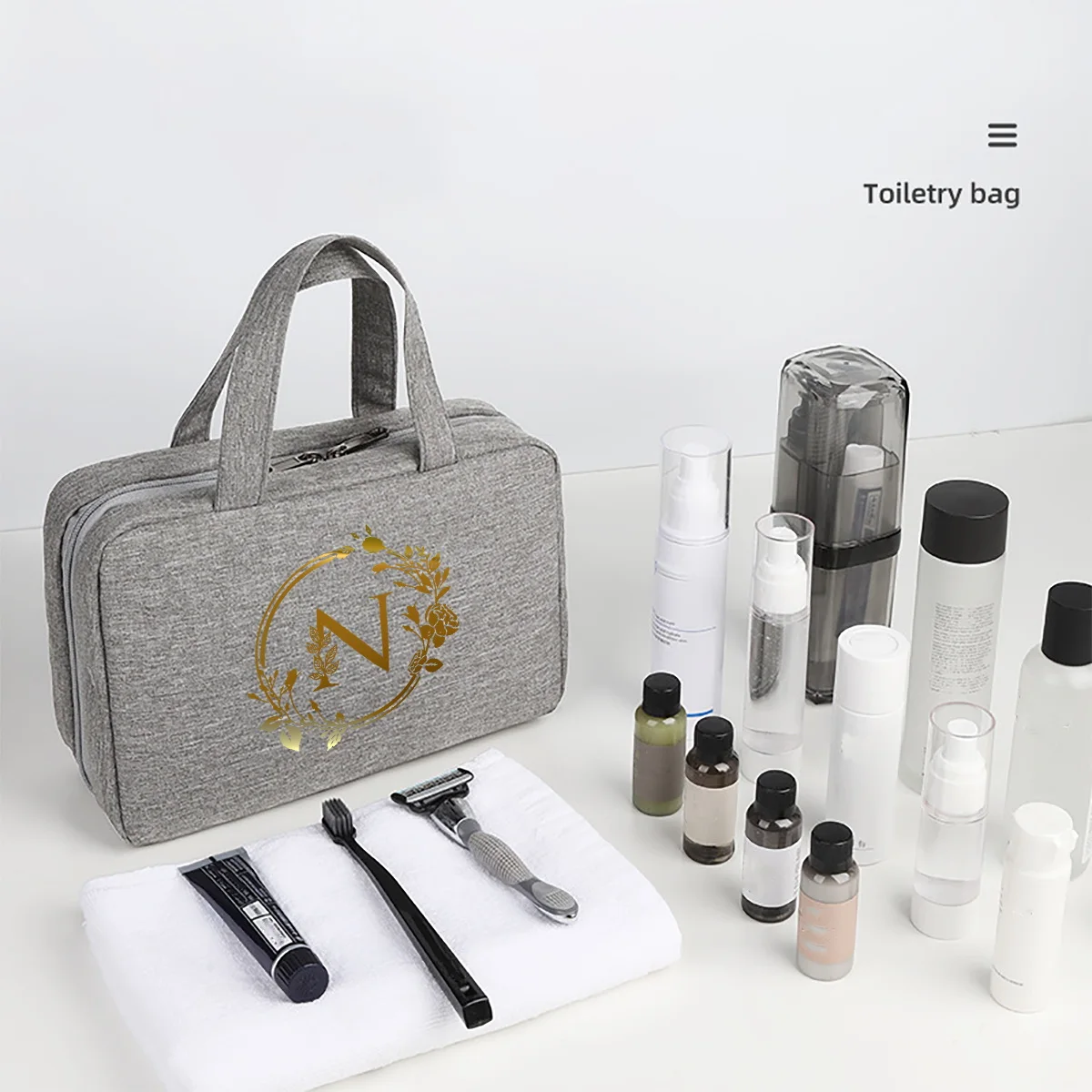 Leaf gold letter print travel waterproof foldable dry wet separation wash bag with large capacity cosmetic storage bag