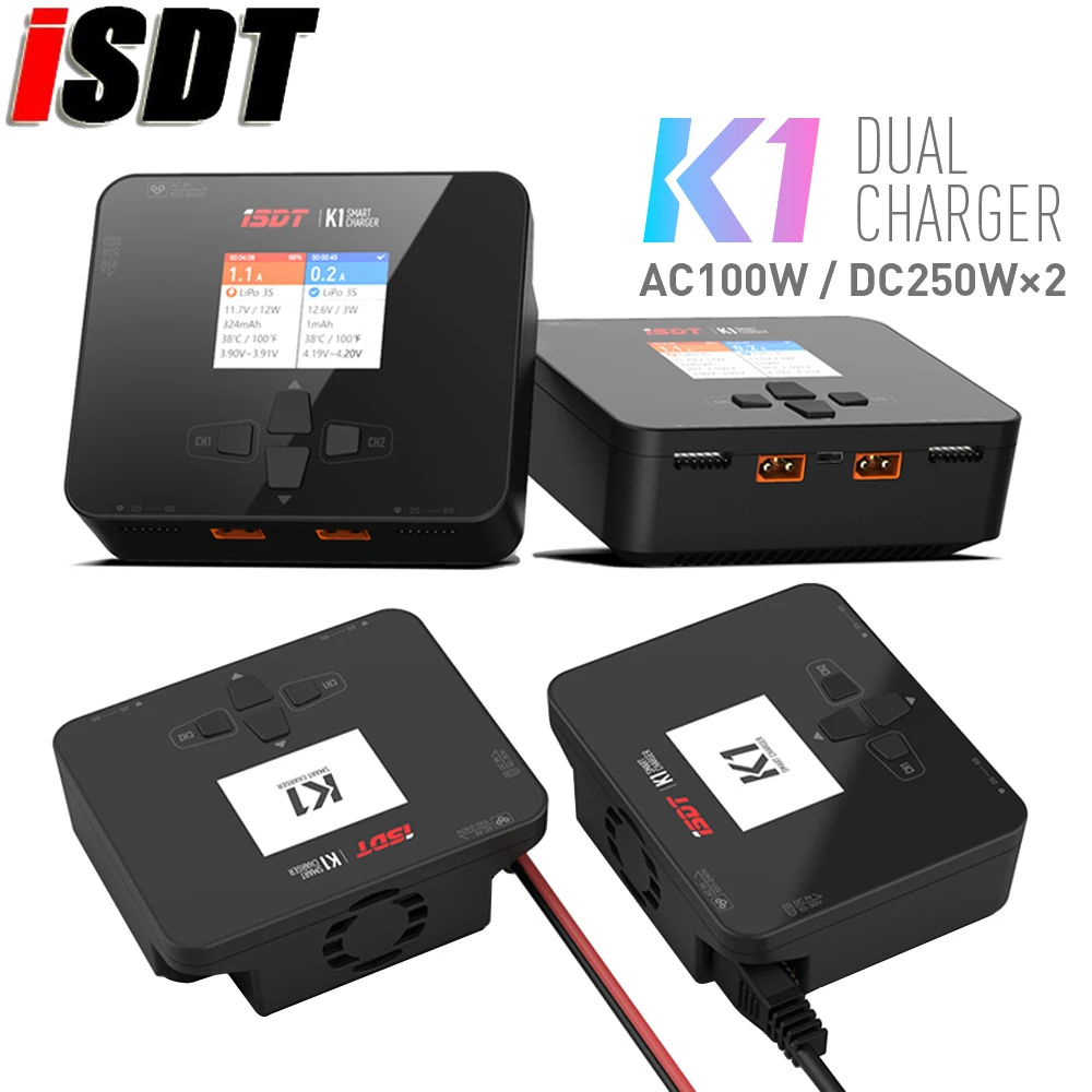 

ISDT K1 AC 100W DC 2X250W Dual Channel Balance Lipo Charger/Discharger For LiFe,Lilon,LiPo 1~6S,LiHv 1-6S,Pb 1-10S,NiMH Battery