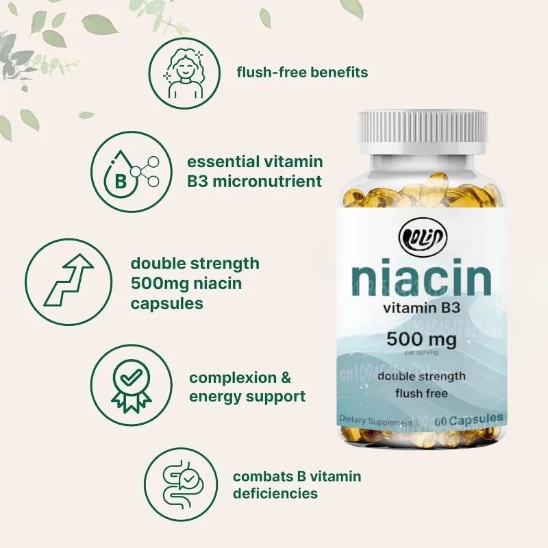 Niacin 500mg Per Serving, 60 Capsules - Essential B Vitamin Supplement for Skincare Health and Energy Support
