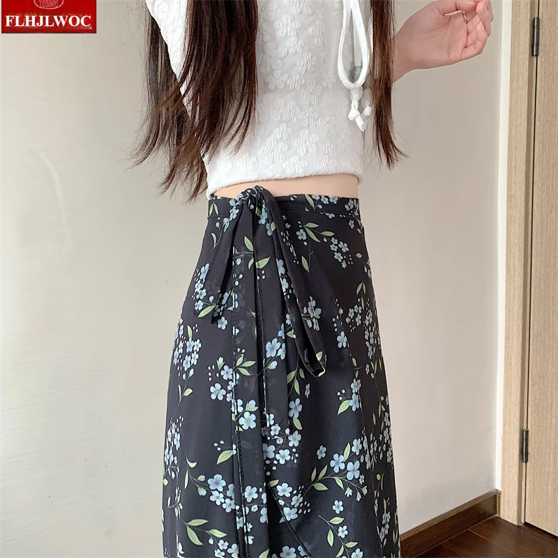 Chiffon Floral Print Wrap Up Chic Women Cute Girls Robe Holiday Beach Date High Waist Retro Vintage One-Piece Lace-Up Skirts