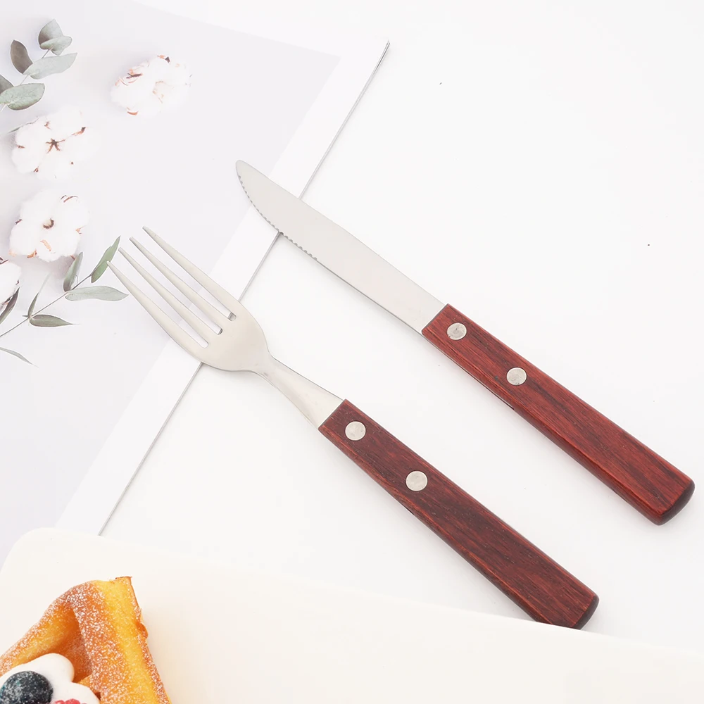 12Pcs Natural Wood Handle Silver Forks Cutlery Set Stainless Steel Flatware Dinner Fork Dinnerware Home Kitchen Silverware Set