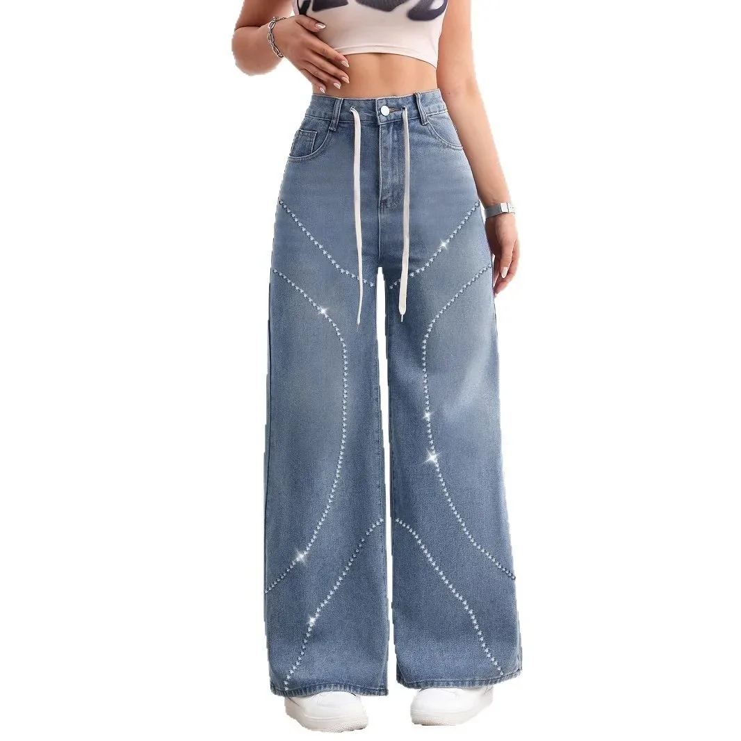 Jeans Women Straight Wide Leg Pants Lace Up Embroidered Flares High Waist Washed Trousers Floor Length Streetwear Vintage Denims