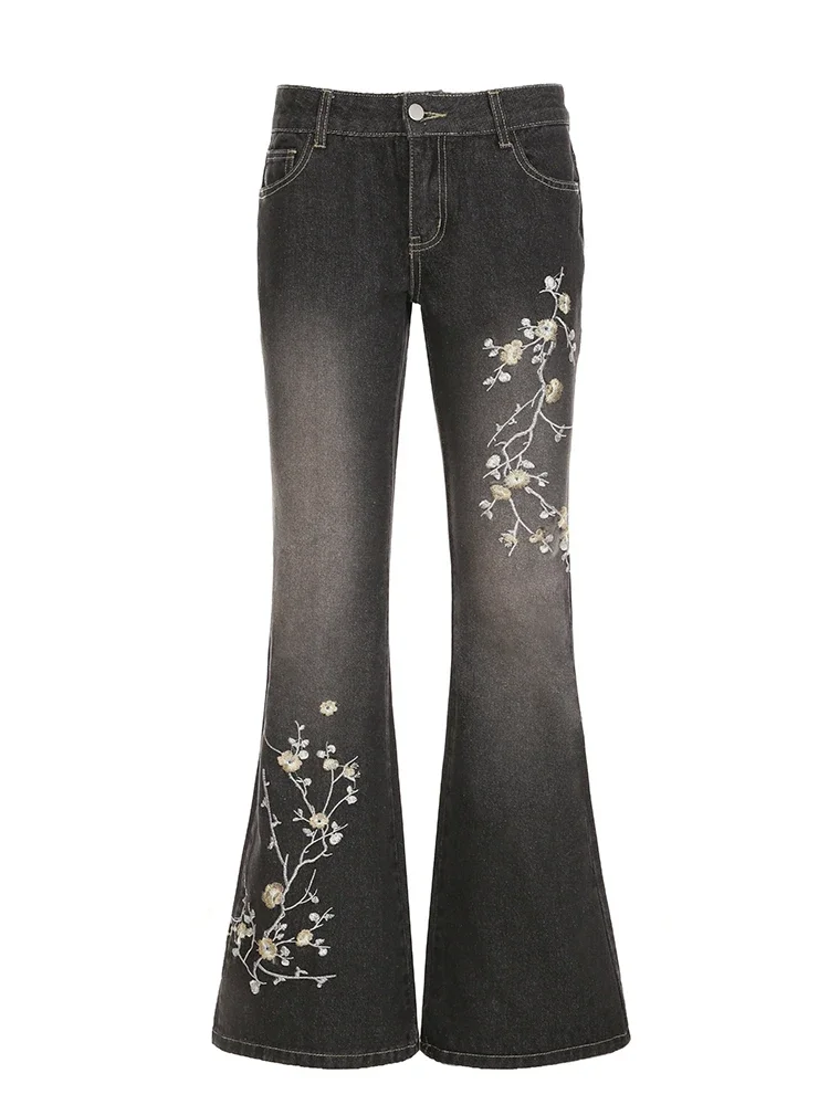 Damen Vintage Floral Stickerei Jeans Streetwear 2000er Low Rise Flared Denim Hose Retro Y2k Baggy High Street Basic Hose