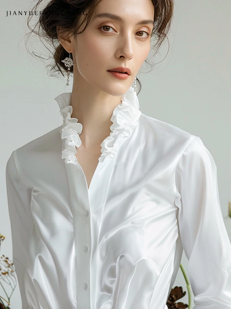 2024 Spring/Summer Design Feel Long Sleeve Ruffled White Satin Shirt Top Womens French Style Princess Unique Shirt Work Wear