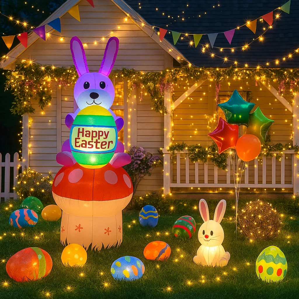 

7FT Happy Easter Inflatable Rabbit On Mushroom Decor Built-in LED Light Festive Airblown Yard Ornament Garden Easter Inflatable