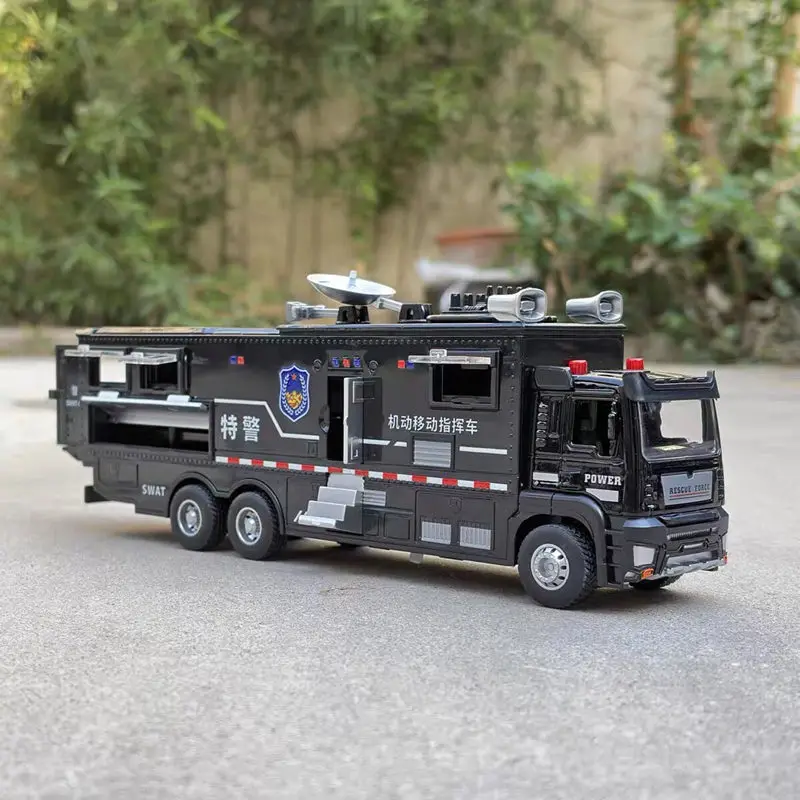 1/28 Alloy Police Mobile Command Truck Simulation Diecasts Metal Extended Fire Truck Rescue Vehicles Model Sound Light Kids Gift