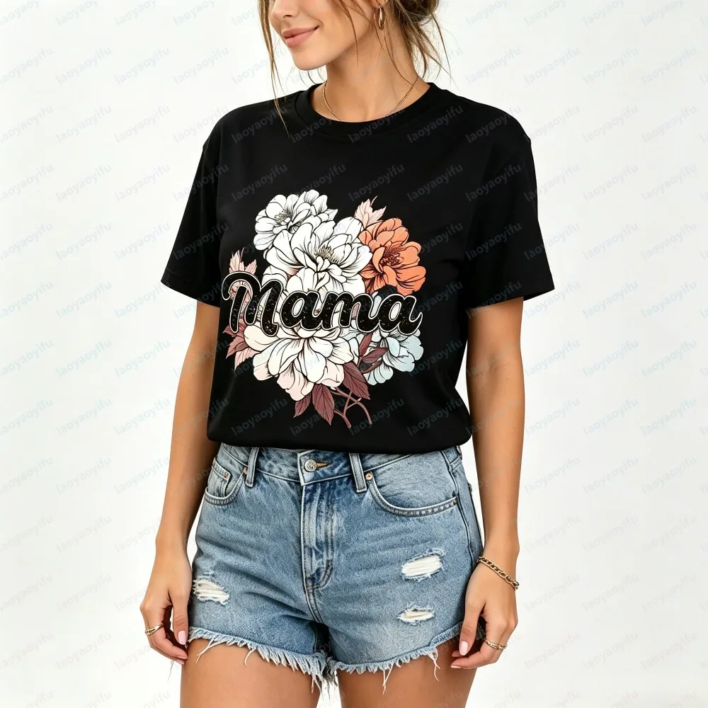 Fashion Women Summer Short Sleeve Tee Retro Peony Mama Printed T Shirt Breathable Tops Sweet Birthday Gift For Mom Daily Wear