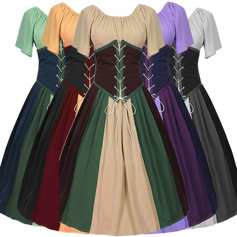 

Medieval Retro Contrasting Color Patchwork Lace Up Waist Up Large Swing Skirt, Off Shoulder Dress, Dress, Women's Cosplay