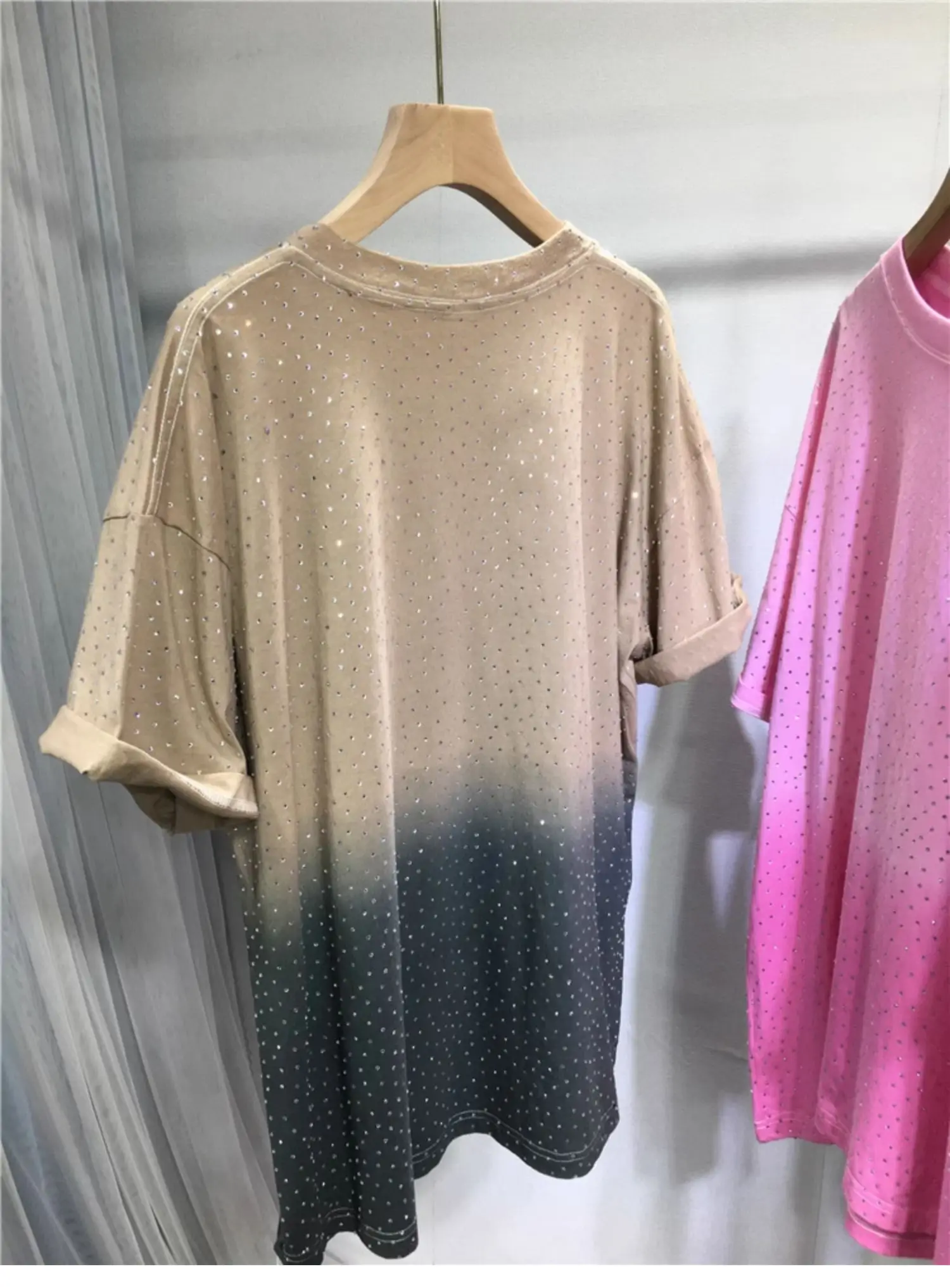 European Goods Hot Drilling Gradient Color T-shirt Women Summer Thin Full Diamond Round Neck Loose Mid-Length Short Sleeve Top