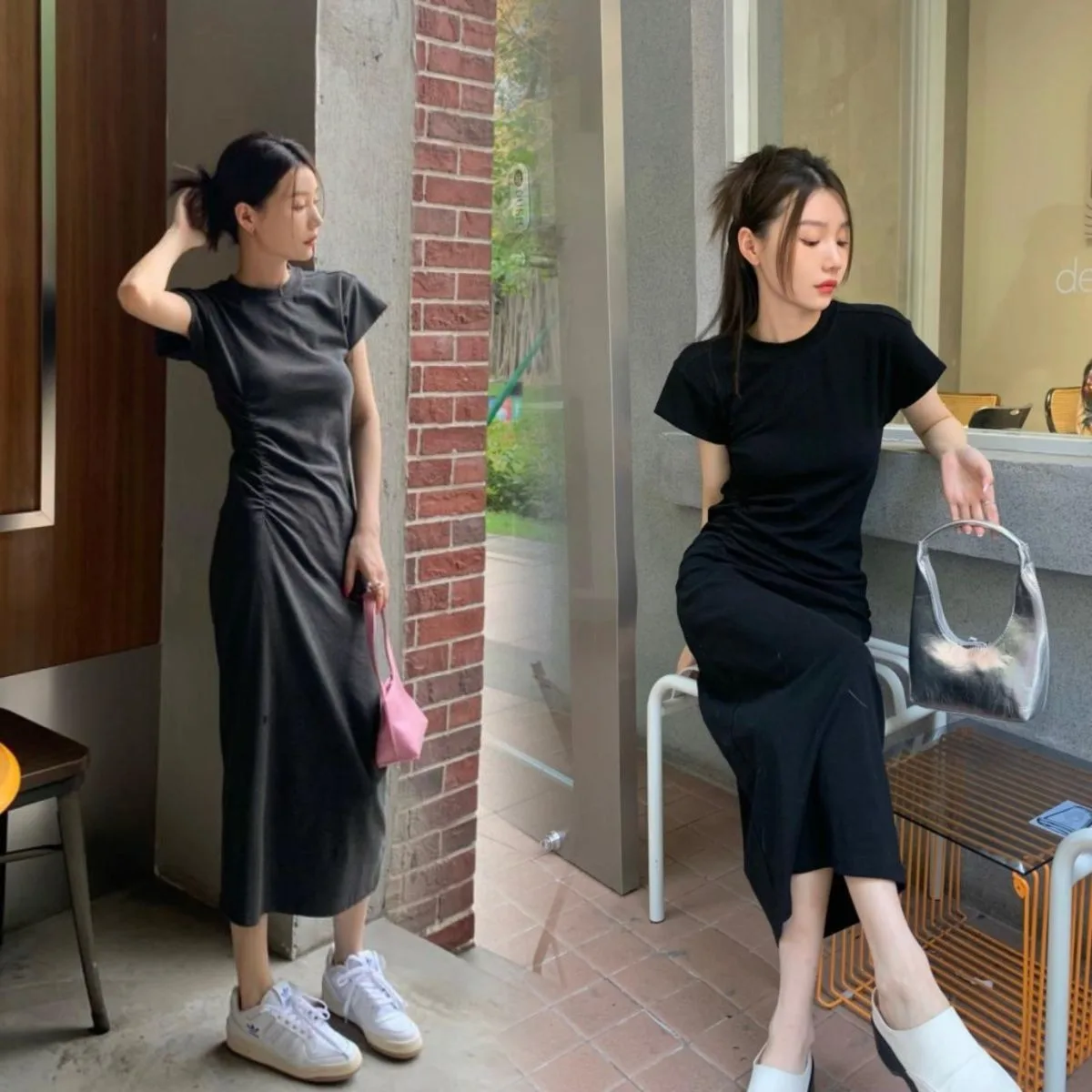 Dames Europese stijl afslankende T-shirtjurk Chique Ronde hals Bodycon Korte mouw Halverwege de kuit X-vorm Lente Zomer Veelzijdig