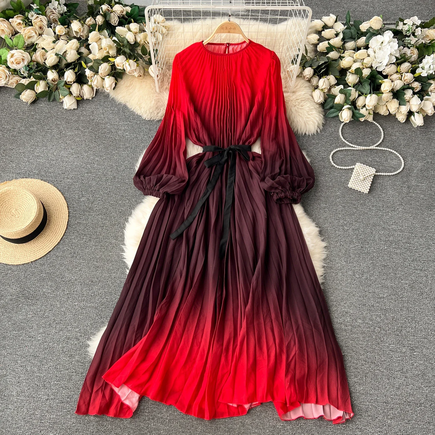 

Женское свободное платье в стиле ретро, элегантное градиентное пляжное платье-трапеция с завязкой, круглым вырезом, длинным рукавом, поясом и высокой талией