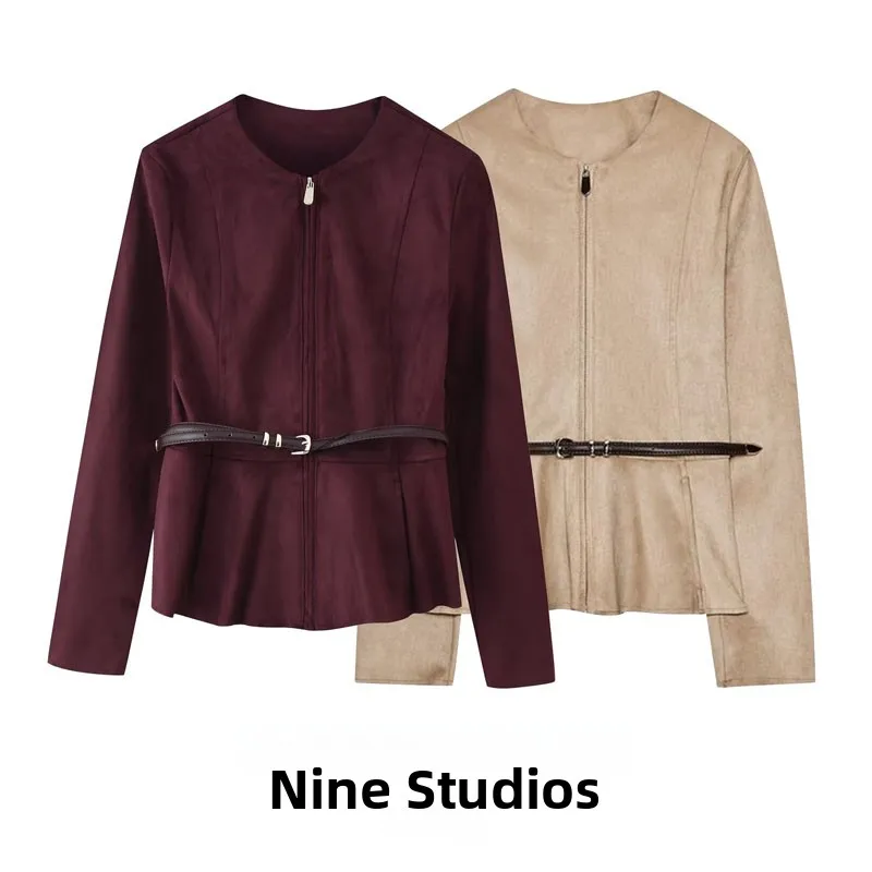 

NINE ZA Женская юбка из искусственной замши с поясом, длинный топ на молнии, европейская летняя верхняя одежда для женщин