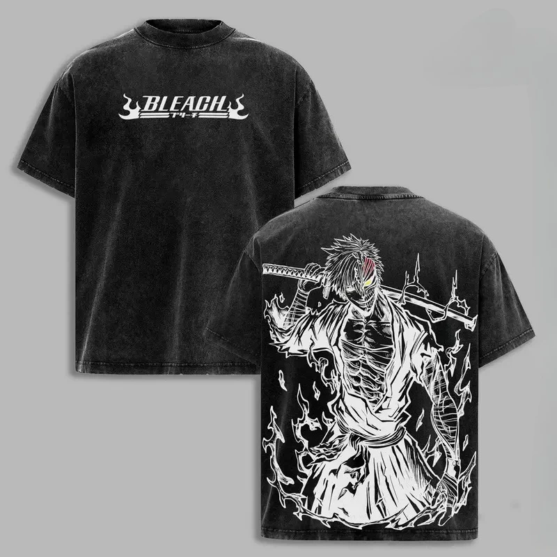 Vintage Washed Manga BLEACH Ichigo Kurosaki Cool Graphic T-shirt Oversized T Shirt Men Women Clothes Cotton Short Sleeve Tee