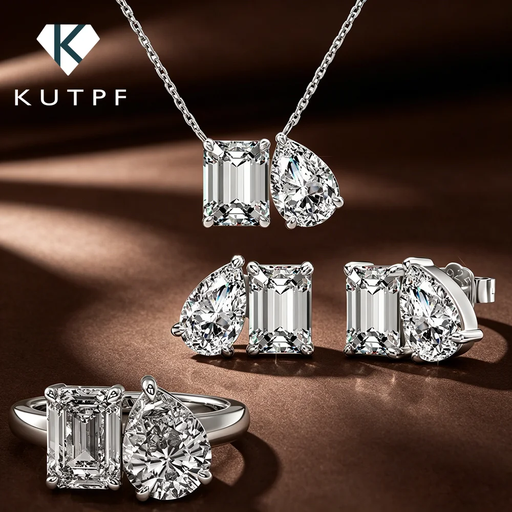 

2Stone Emerald&Pear Cut Moissanite Jewelry Set for Women Lab Diamond Pendant Necklace Stud Earring Wedding Ring with Certificate
