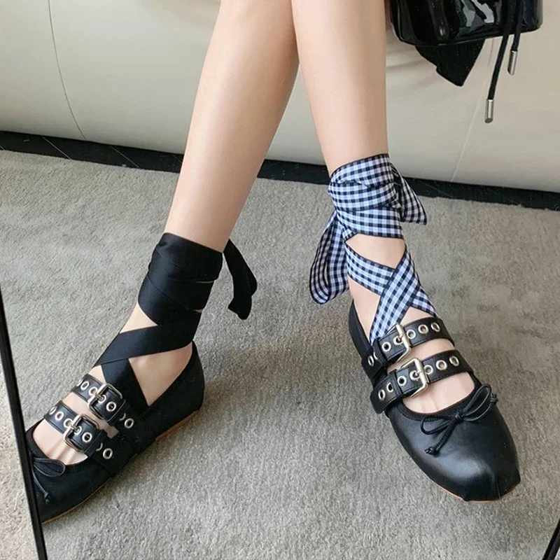 Bow Flats Woman Ballet Dance Shoes Cross Tied-Lace Up Shallow Shoes Women Trend Fashion Prom Shoes New Comfort Mujer Zapatos