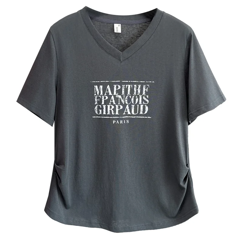 

100 кг, летние простые хлопковые футболки с v-образным вырезом, складная талия, с принтом букв, короткими рукавами, тонкие хлопковые футболки со снежинками, женская футболка больших размеров 9672