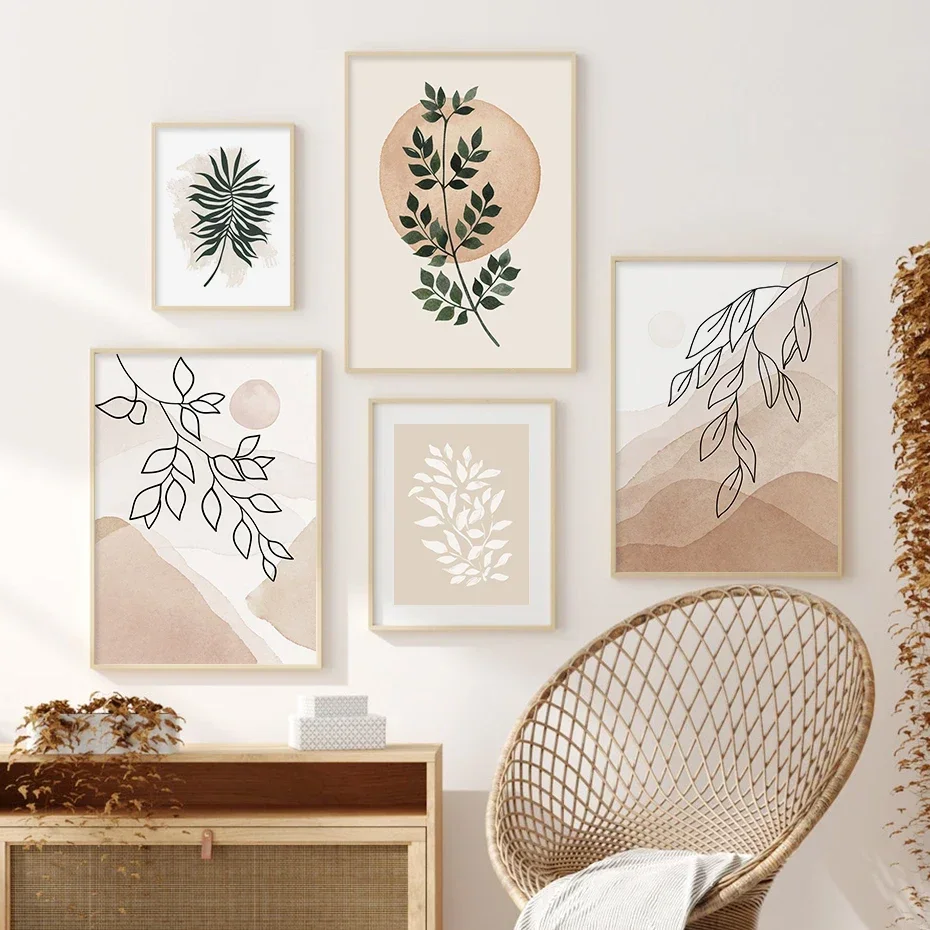 (No frame)Pintura en lienzo, imágenes impresas para decoración de pared, carteles de paisaje de hojas abstractas bohemias par