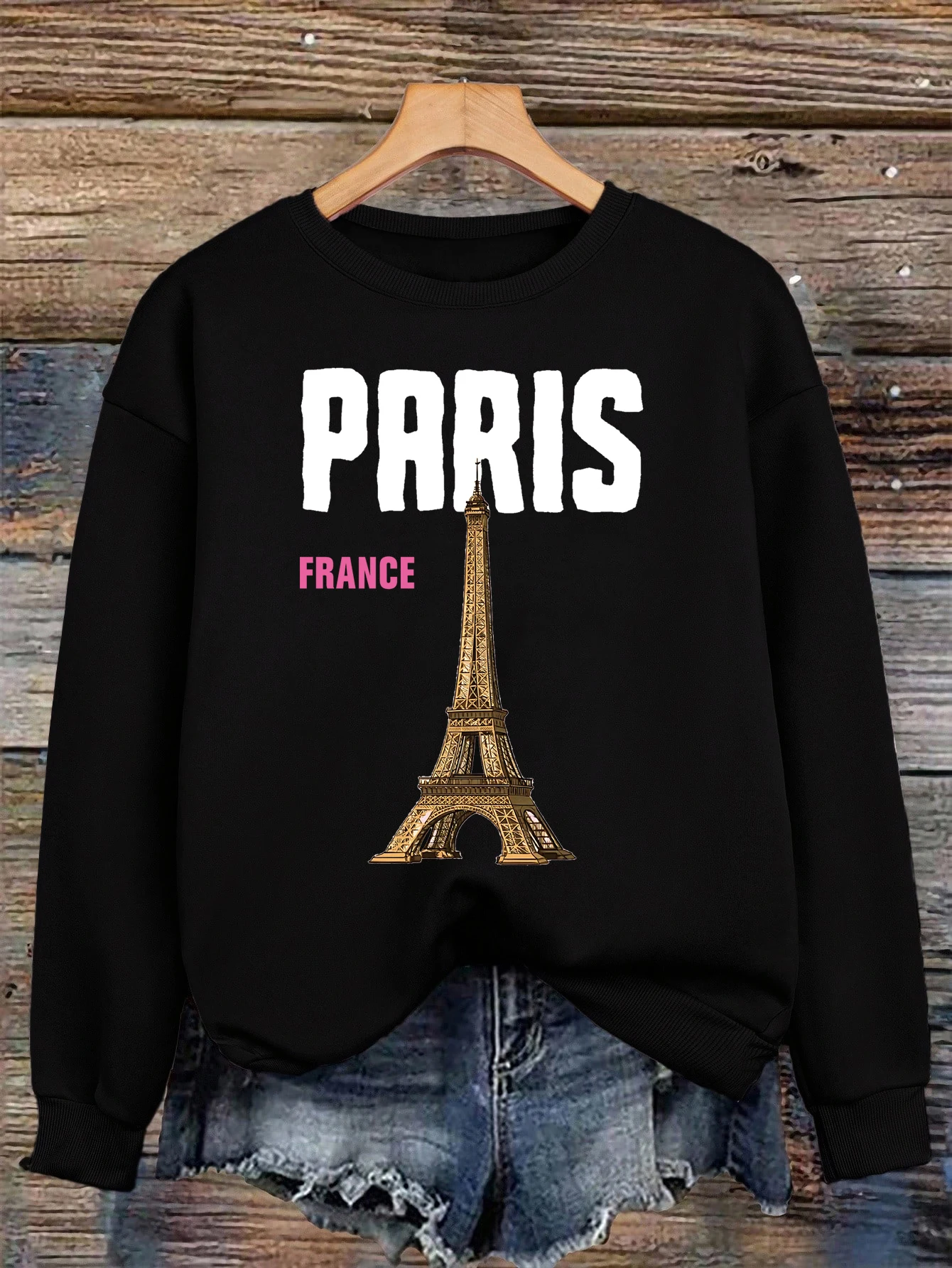 เสื้อพิมพ์ลายหอไอเฟล ประเทศฝรั่งเศส เสื้อสเวตเชิ้ตผ้าฟลีซสำหรับผู้หญิง ฤดูใบไม้ร่วง ทรงหลวม สไตล์ฮิปฮอป ชุดกีฬา Y2K เสื้อคอกลมสวมใส่สบาย